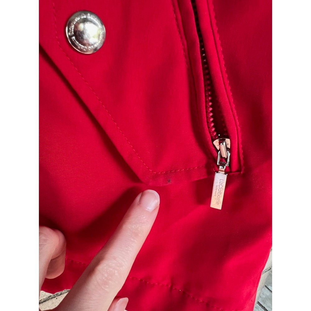 Liz Claiborne Red Hooded Anorak Jacket Navy Trim Nautical Medium Petite MP - Picture 4 of 7